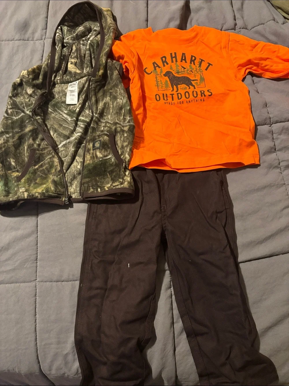Carhartt High-Visibility Orange Logo Tee with Camo Hooded Vest and Brown Pants